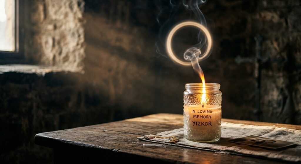 נר נשמה דולק בתוך צנצנת זכוכית שעליה הכיתוב יזכור, מונח על שולחן עץ ישן עם עשן העולה מעלה ויוצר צורת טבעת הילה.